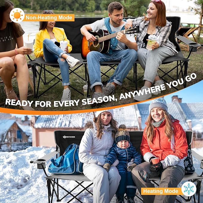 ANTARCTICA GEAR Heated 3-Person Camping Chair with 12V 15000mAh Battery Pack - Heavy-Duty XL Folding Bench for Outdoor, Campsites, Tailgating - Portable Heated Seating with Adjustable Warmth