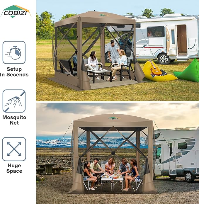 COBIZI Pop Up Gazebo Screen Tent Screen House for Camping, 6FTx6FT Screen Room with Mosquito Netting, Hub Tent Instant Screened Canopy with Carrying Bag and Ground Stakes, Khaki