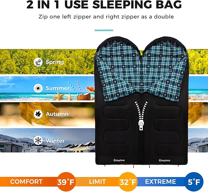 KingCamp Sleeping Bag for Adults, Cold Weather & Warm XL Big and Tall Flannel Sleeping Bags with Compression Sack Portable Waterproof Essentials Gear Accessories for Outdoor Camping