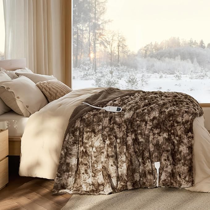 Bedsure Faux Fur Heated Blanket Full Size, Fast Heating Electric Blanket Full Size with 6 Heating Levels & 10 Time Settings, Cozy Gifts for Women Men (72x84 inches, Dark Chocolate)
