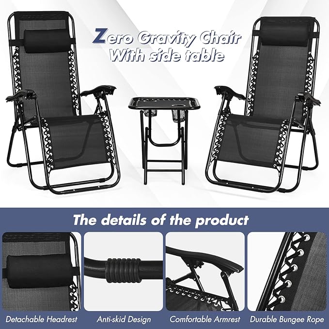 S AFSTAR Zero Gravity Chairs Set of 2, 3 PCS Folding Lawn Chair Set With Side Table Cup Holders & Adjustable Headrest, Reclining Patio Chairs, Lounger for Patio Poolside