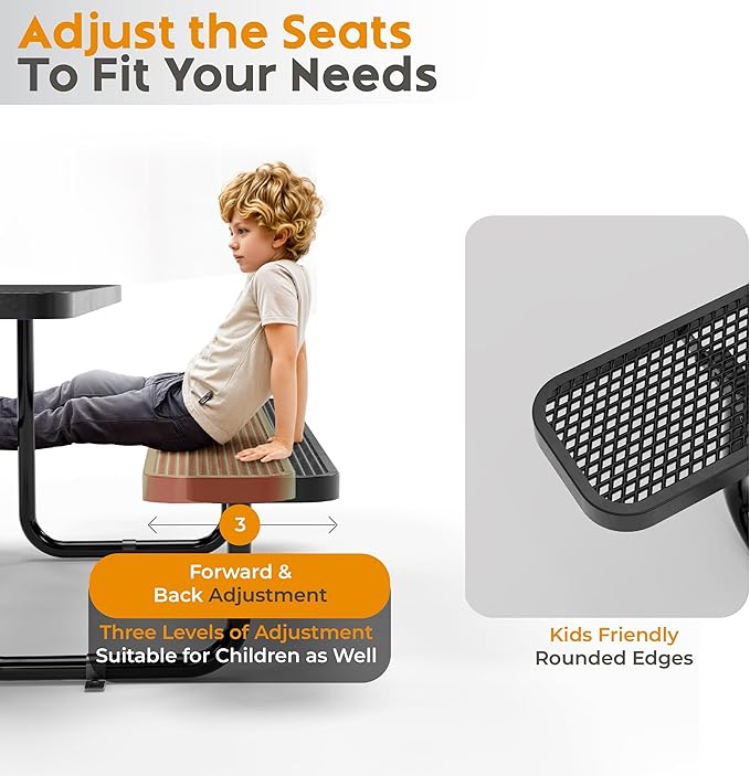 Metal Picnic Furniture for Outdoors with Umbrella Hole - Coated Steel Heavy Duty Commercial Grade Table with Adjustable Seats, Patio Set for a Lifetime (Black, 4' Rectangular)