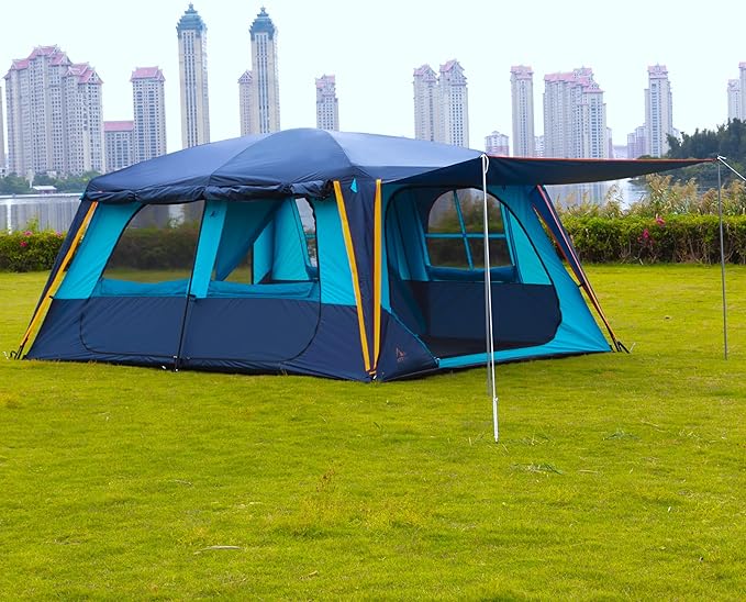 KTT Extra Large Tent 12 Person(A),Awning Family Cabin Tents,2 Rooms,4 Doors and 4 Windows with Mesh,Straight Wall,Waterproof,Double Layer,Big Tent for Outdoor,Picnic,Camping,Family Gathering。