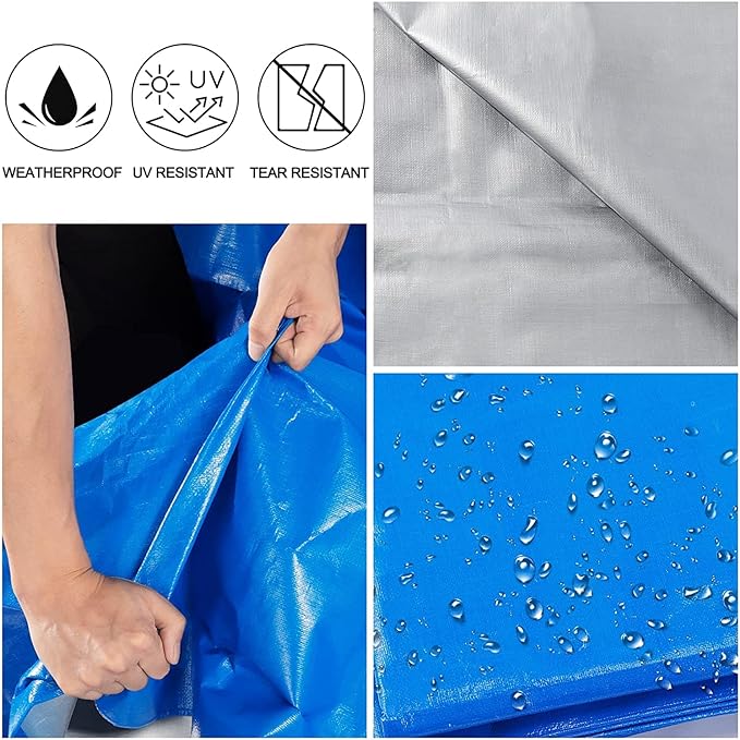 Blue Tarp, Tarps Heavy Duty Waterproof 8x16, Waterproof Plastic Poly 16 Mil Thick Tarpaulin with Metal Grommets Every 19.5 Inches - Emergency Rain Shelter, Outdoor Cover, and Camping Use