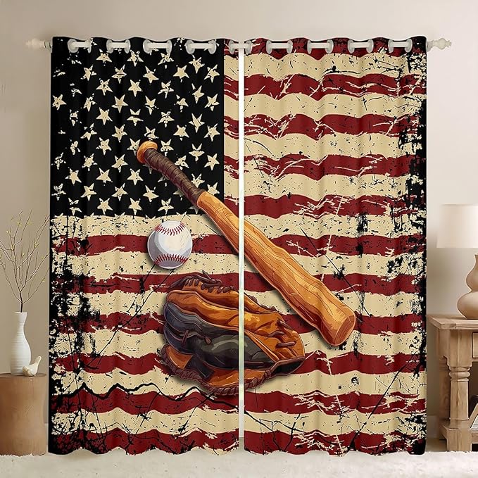 Manfei Baseball Blackout Curtains Vintage American Flag Window Drapes,Ball Sports Gaming Theme Window Treatments,Kids Boys Girls Room Decor,Grommet Top 2 Panel Set Bedroom Curtains, 38Wx54L inch