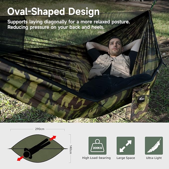 Camping Hammock with Mosquito Net and Ridge Rope, Extra Large for 2 Person, Lightweight Hanging Hammocks Tree Straps, All-in-one Fast Open Hammock for Outside, Hiking, and Travel
