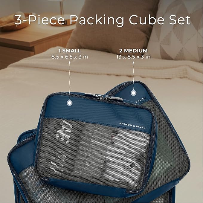 Briggs & Riley Carry On Compression Packing Cube Set - Bag Organizer for Suitcase & Luggage, For Women & Men, Pack Accessories for Vacation - Travel Must Haves, 3-Piece, Navy