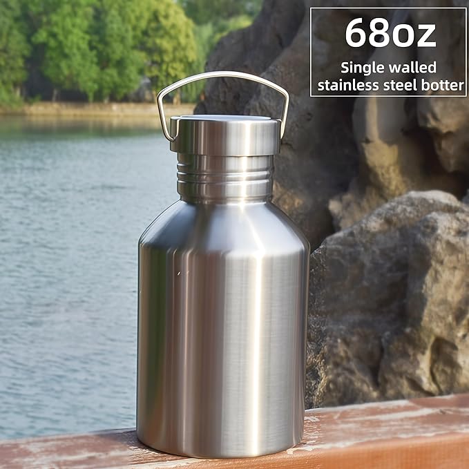 68OZ Stainless Steel Water Bottle with Handle Big Water Bottle for Men Single Wall Thickened Metal Bottle,Leak Proof and Anti Drop Large Capacity Hot Water Kettle for Sports,Camping&Hiking