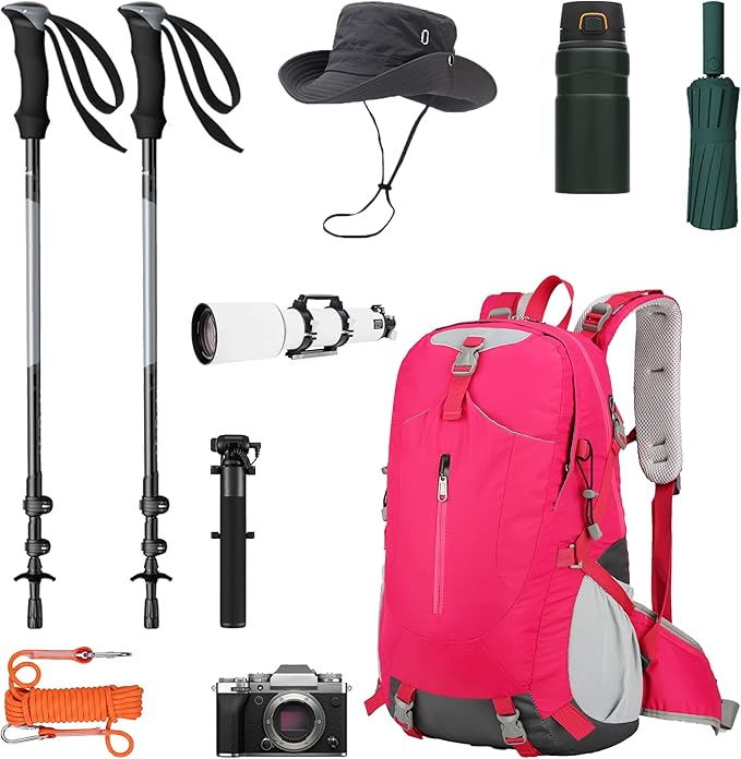 Hiking Backpack for Men and Women, Travel, Sport Outdoor, Lightweight Back Pack, Camping, Bag, waterproof, 40L.(Rose Red)