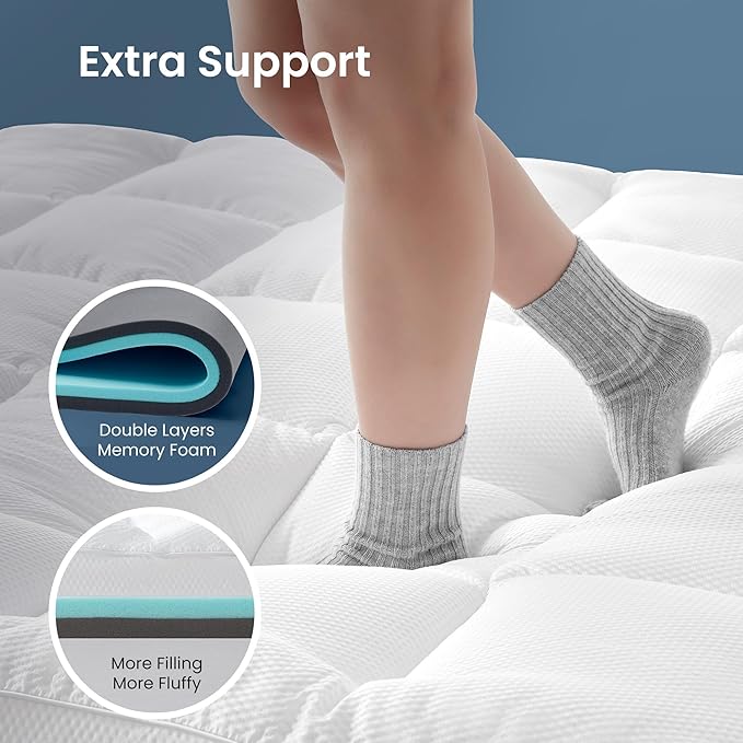 SLEEP ZONE 4 Inch Queen Mattress Topper, Dual Layer 2'' Gel Memory Foam + 2'' Breathable Fluffy Cool Waterproof Removable Pillow top Pad for Back Pain, Comfort Support, White