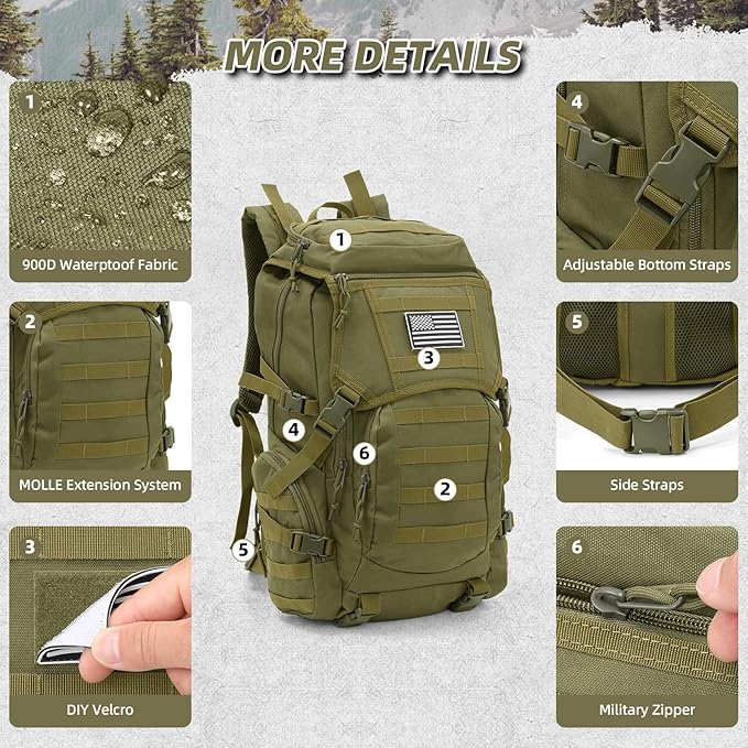 35L Military Tactical Backpack for Men, Water Resistant Assault Pack for Women, Army Green Molle Daypack 3 Day Bug Out Bag Rucksack for Trekking,Camping,Survival,EDC