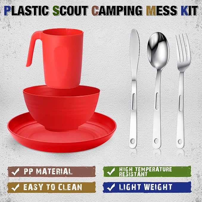 Scout Camping Mess Kit for 1 Person Boy Scout Dishes Set Girl Scout Mess Kit with Mesh Bag Reusable Light Weight Eating Utensils Plastic Camping Cutlery Set for Travel Camp