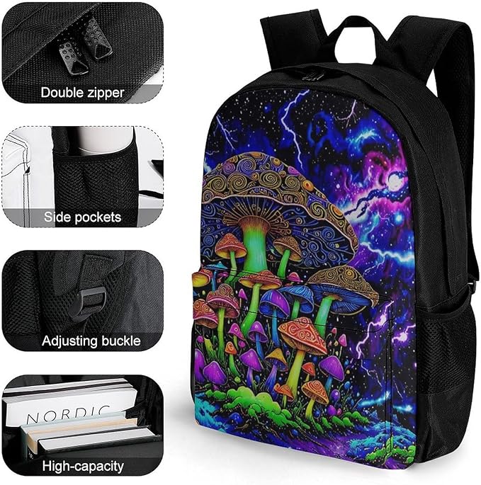 Supdreamc Daypack Backpack Multipurpose Anti-Theft Large Capacity Bookbag, Psychedelic Magic Mushrooms Trippy Galaxy Space Art Travel Hiking Camping Rucksack With Adjustable Shoulder Straps