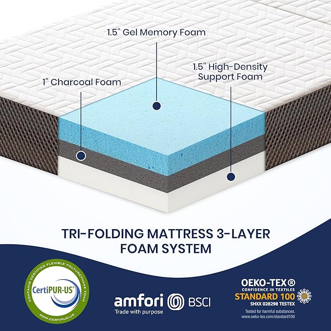 Hanherry 4 Inch Foldable Mattress Full Size, Tri-Folding Portable Memory Foam Topper Floor Bed with Storage Bag, Washable Cover for Travel, Camping, RV, Guest