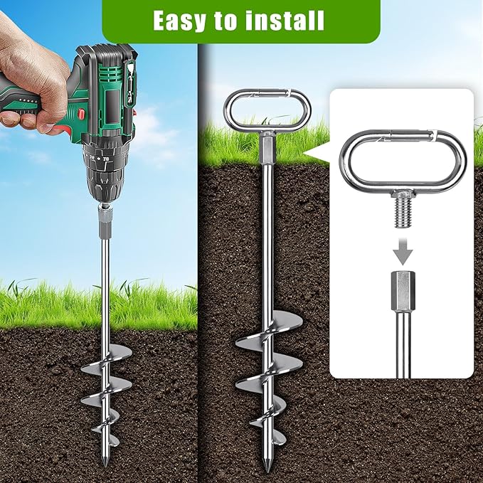 SELEWARE 17" Ground Anchors Screw in, 4 Pack Swing Set Ground Anchor Kit, High Wind Trampoline Stakes, Heavy Duty Wider Spiral Earth Anchor for Mobile Home, Tree, Tent, Shed, Carport, Securing Animals