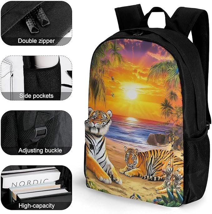 Supdreamc Daypack Anti-Theft Multipurpose Large Capacity Shoulder Bag, Tropical Tiger Animal World King Art Travel Hiking Camping Rucksack With Smooth Zippers