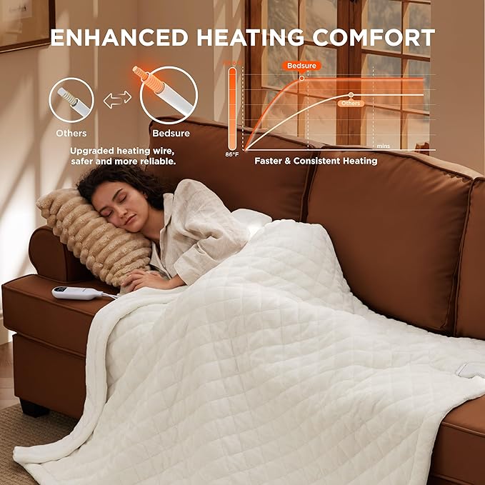 Bedsure Heated Blanket Throw Blanket - Quilted Electric Blanket, Soft Flannel Thick Heating Blanket with 4 Time Settings & 6 Heating Settings, Warm Gifts for Women Men (50x60 inches, Ivory)