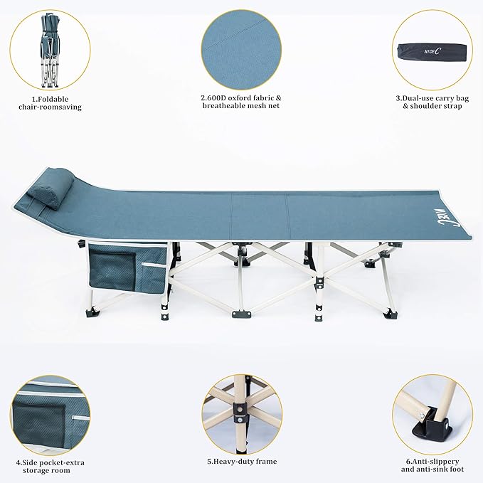 Nice C Camping Cots, Cots for Adults, Folding Cot, with Pillow, Carry Bag & Storage Pocket, Extra Wide Sturdy, Holds Up to 500 Lbs (2, Grey)