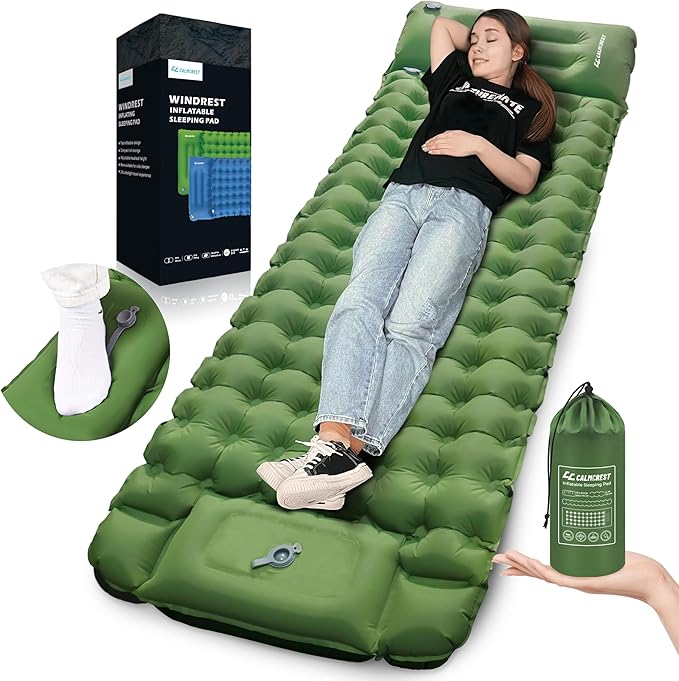 Sleeping Pad for Camping, 4in Thickness Inflatable Sleeping Mat with Adjustable Pillow & Built-in Foot Pump,Lightweight Camping Air Mattress with Waterproof Nylon for Hiking,Traveling-Green