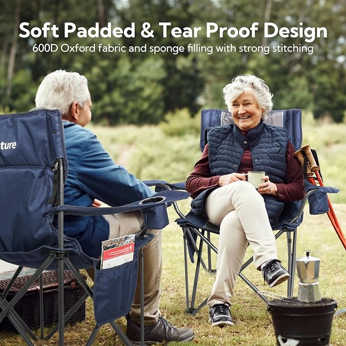 Folding Camping Chairs for Adults, Padded Folding Chairs for Outside Heavy Duty with Cup Holders & Side Pocket, Support up to 500 lbs, Blue