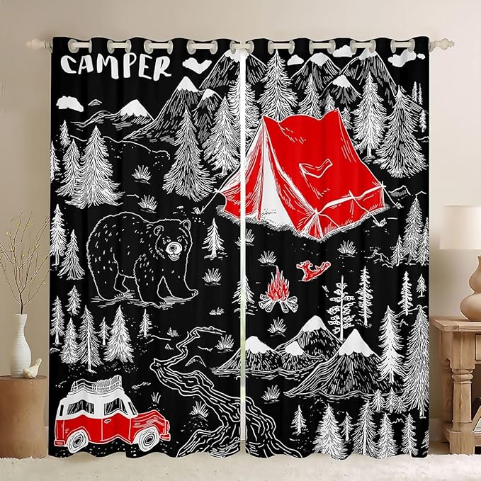 Feelyou Black Camper Camping Blackout Curtains Rustic Farmhouse Bear Darkening Drapes for Bedroom Living Room Decor Camping Theme Thermal Insulated Shades Window Treatments, 2 Panels 52 x 84 Inch