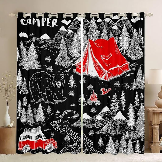 Feelyou Black Camper Camping Blackout Curtains Rustic Farmhouse Bear Darkening Drapes for Bedroom Living Room Decor Camping Theme Thermal Insulated Shades Window Treatments, 2 Panels 52 x 84 Inch