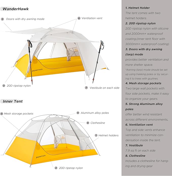 Wander Hawk 1-2 Person Backpacking Tent, Lightweight 1 Person / 2 Person Tent for Bikepacking Backpacking Camping & Hiking