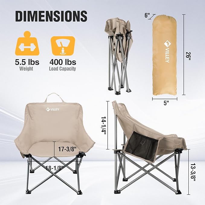 VILLEY Camping Chair Beach Folding Chair, Outdoor Lawn Portable Lightweight Chair, Foldable Chair with Carry Bag, for Outside Hiking, Fishing, Travel, Beach and Sports, Beige