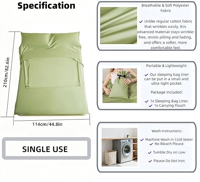 Sleeping Bag Liner for Adults, Lightweight Travel Sleep Sack with Carry Bag, Compact Portable Sleeping Sheet for Camping, Hiking, Hostels, Hotels and Backpacking