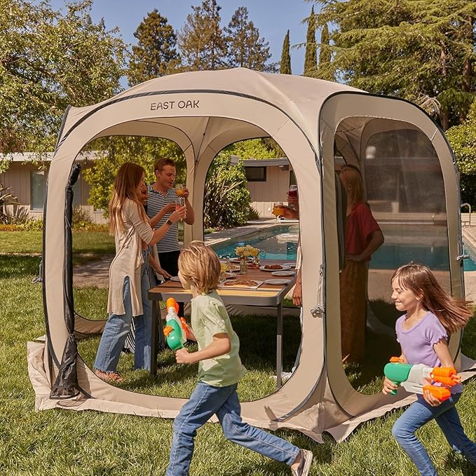 East Oak Screen House Tent Pop-Up, Portable Screen Room Canopy Instant Pop Up Screen Tent 12 x 12 FT with Carry Bag for Patio, Backyard, Deck & Outdoor Activities, Beige