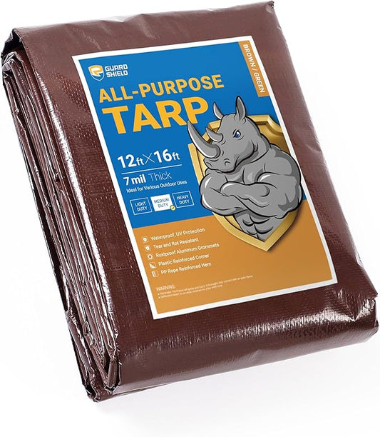GUARD SHIELD Brown/Green Tarp 12x16 Feet Medium Duty Outdoor Waterproof Multi Purpose Poly Tarps Cover 7mil