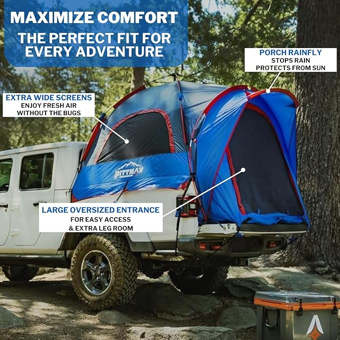 Pittman - Truck Bed Tent with EZ-UP Design - Truck Tent for Camping - Includes Rain Fly, Extra Wide Entry, Oversize Air Mesh & Porch Cover - Premium Truck Bed Camper