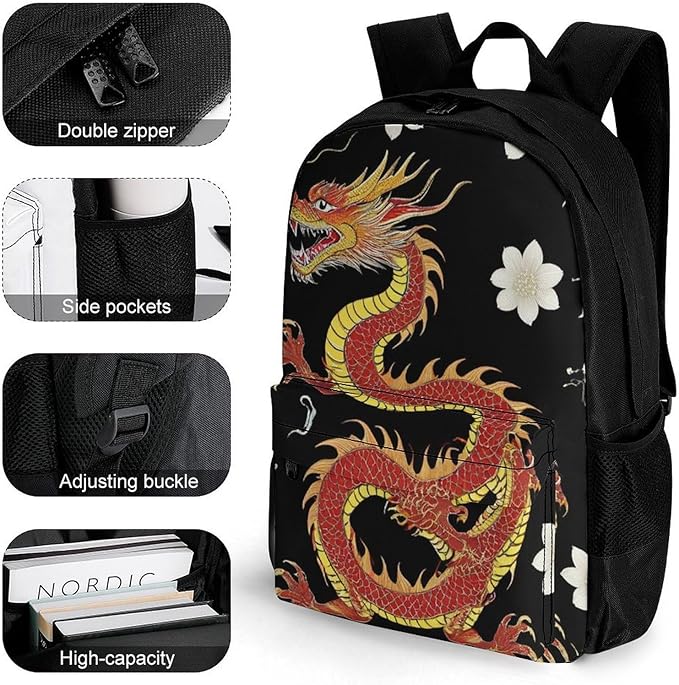 Supdreamc Men Women Polyester Floral Chinese Japanese Dragon Flower Daypack Big Capacity Shoulder Bag With Adjustable Shoulder Straps for Camping Travel Walking Cycling