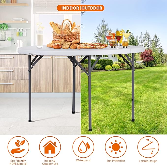 SUPER DEAL 4 Foot Round Folding Card Table, 48" Indoor Outdoor Portable Plastic Kitchen or Camping Picnic Party Wedding Event Table, White