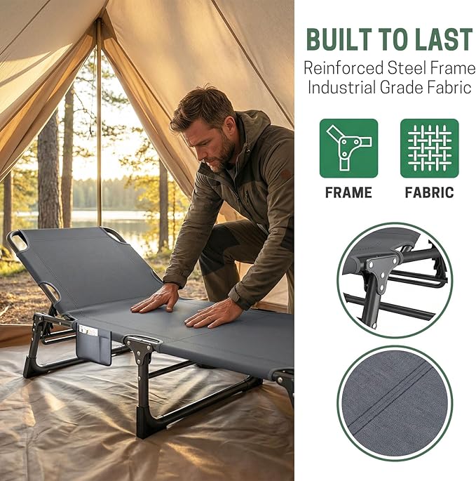Mopaicot Folding Camping Cot for Adults, Adjustable 4-Position Reclining Chair with Mattress and Pillow, Lounge Chair Camp Cots Bed for Sleeping, Travel, Garden, Pool, or Office Nap (Gray)
