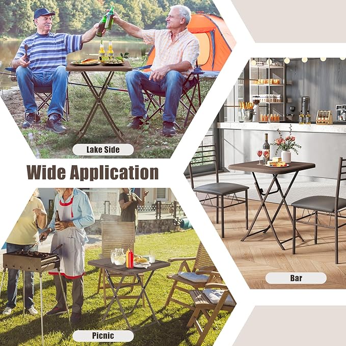 Tangkula 23.5" Square Folding Table, Indoor Outdoor Foldable Plastic Table with Rattan Textured HDPE Tabletop, Sturdy Metal Fame, Carrying Handle, 4 Person Picnic Table for Camping BBQ Party