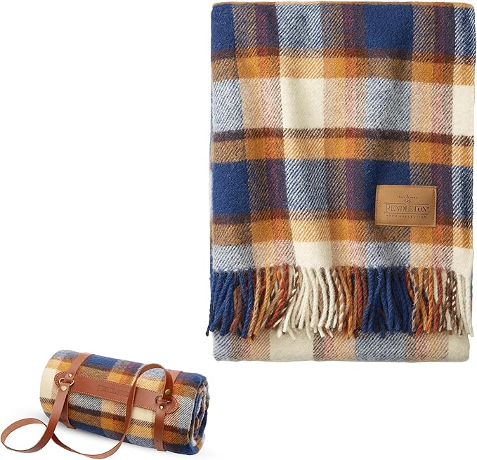 Pendleton Wool Blanket - Camping Blanket with Leather Strap Carrier - Plaid, Soft, Virgin Wool, Backpacking Blanket for Warmth and Comfort, Outdoor Adventures, Travel, Picnics, and Cozy Home Comfort