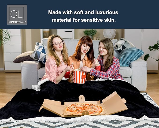 Comfort Lab Reversible Flannel Sherpa Throw Blanket - Elegant Fluffy Throw Blankets for Couch and Home Decor - Anti Pilling Non Shedding Cozy & Warm Fleece Throws - Oversize Throw (60" x 70") - Navy