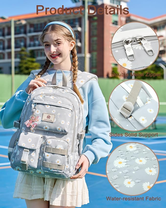 Laptop School Backpack for Teen Girls Women 15.6 Inch Cute College Backpacks Large Elementary Middle High School Bag Kids Student Daisy Bookbag Anti Theft Travel Back Pack Casual Daypack (Grey-Daisy)