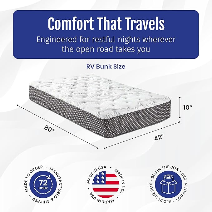 WanderRest Cool Hybrid 10” RV Mattress, RV Bunk 42x80, Medium, Cooling Gel Memory Foam & Pocketed Coil Mattress for RV, Camper, or Travel Trailer, Made in USA