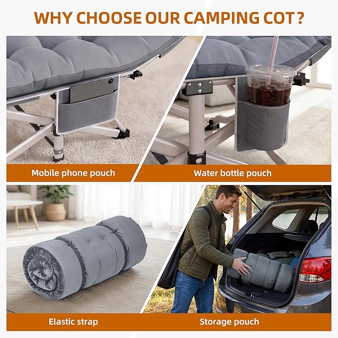 2 Pack Folding Camping Cot for Adults - Portable Sleeping Cots with Removable Padded Cushion, Heavy Duty Camp Bed with Head Tilt Design, Carry Bag for Camping Travel Office Nap Guest Bed