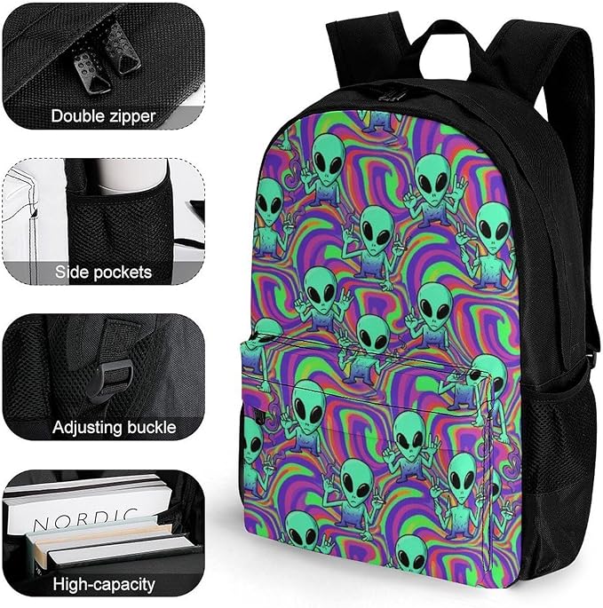 Lightweight Daypack Backpack for Trekking Work Running, Big Capacity Multipurpose Anti-Theft Bookbag, Cool Alien Tie Dye Business Computer Bag