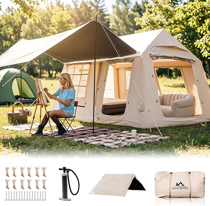 8/10/12 Person Large Inflatable Tents for Camping, 4 Season Blow Up Tents with Canopy/Rainfly, Luxury Inflatable Tent House with Stove Jack, Easy Setup Inflatable Camping Tent.