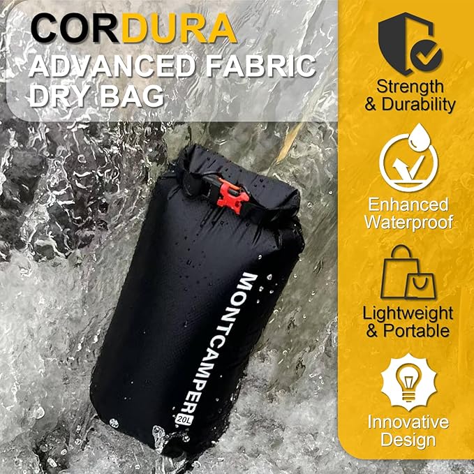CORDURA Waterproof Dry Bag 20L – Heavy Duty IPX6 Roll Top Sack with Survival Whistle for Kayaking, Camping, Boating, Beach – Lightweight Dry Backpack (Black)