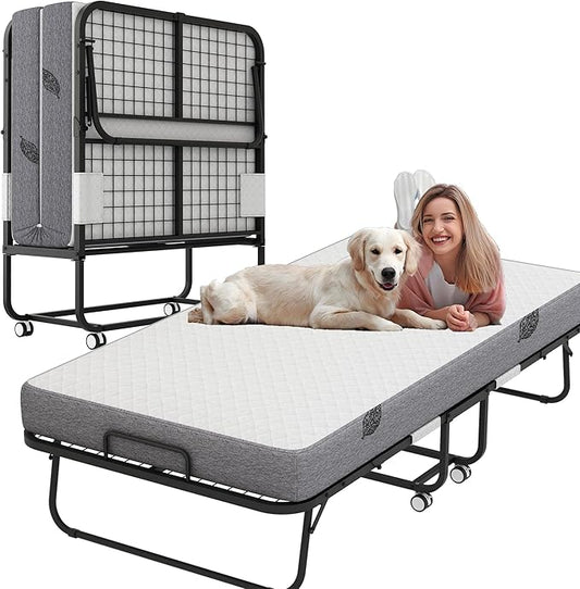 Folding Bed with Mattress for Adults 75" x 46" with 5" Memory Foam Mattress Portable Foldable Folded Extra Guest Bed XL Twin Size Lockable Wheels Space-Saving Sturdy Metal Frame