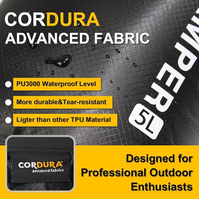CORDURA Waterproof Dry Bag 5L – Heavy Duty IPX6 Roll Top Sack with Survival Whistle for Kayaking, Camping, Boating, Beach – Lightweight Dry Backpack (Black)