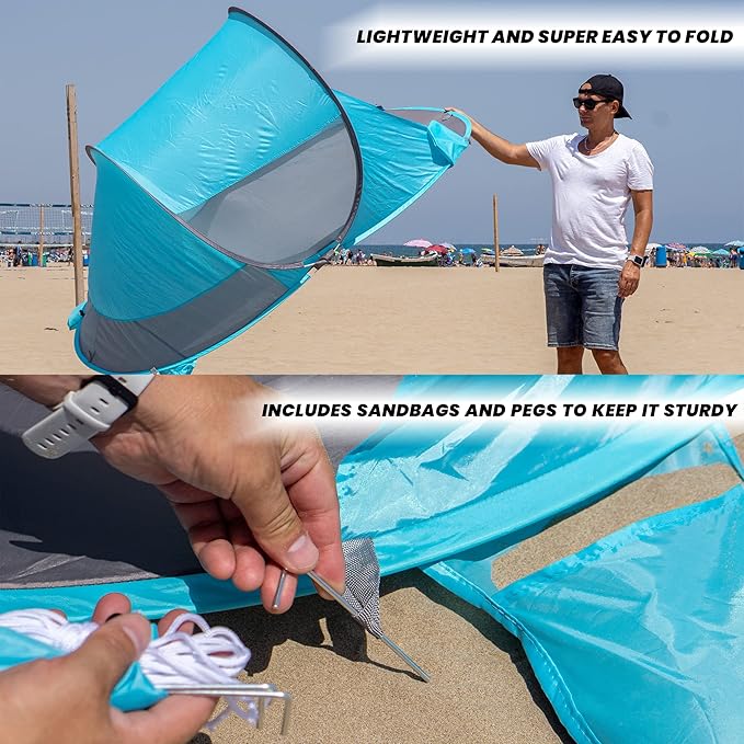 Zento Deals Large Instant Pop Up Beach Tent - 3-4 Person Sun Shade Shelter with UV Protection - Tent with Carry Bag for Outdoor Activities - Easy Setup Windproof Waterproof Beach Canopy Cabana