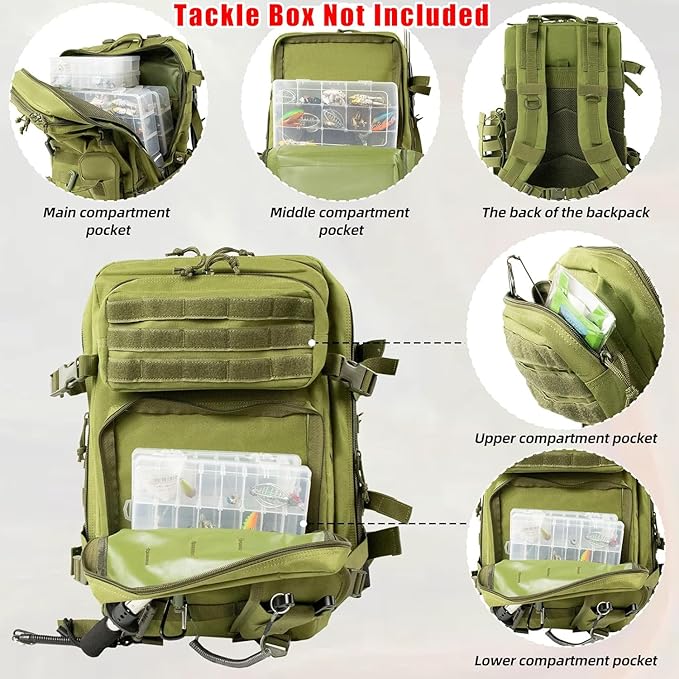 Large 45L Tactical Fishing Tackle Backpack with Removable Plier Holder & Rod Holders Storage Fishing Gear and Equipment Tackle Bag Hiking Backpack without Tackle Boxes Green