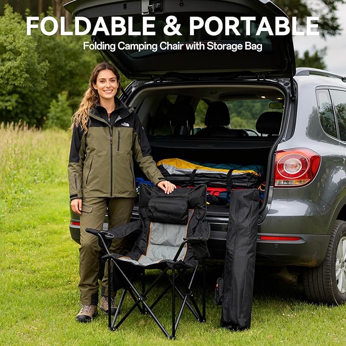 Heated Camping Chairs, Foldable Camping Chairs with 2 Cup Holders for Outdoor Sports,Folding Chair with 3 Heating Level for Back and Seat, Supports 300Lbs, Battery Not Include, Black & Grey