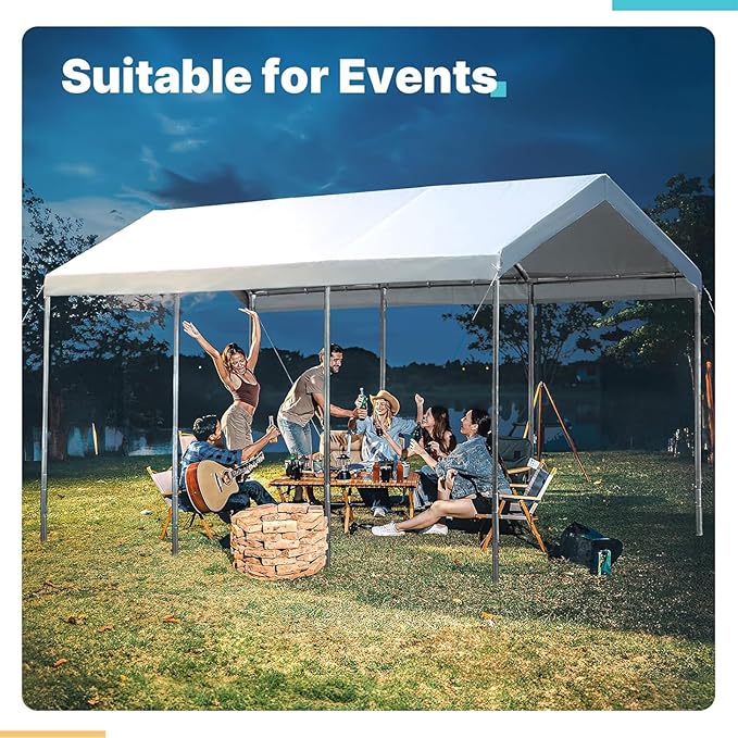Upgraded Carport Replacement Canopy Cover for 10’ x 20‘ Car Tent Top Garage Shelter Cover Tarp with Ball Bungees (Only Top Cover, Frame Not Include) White